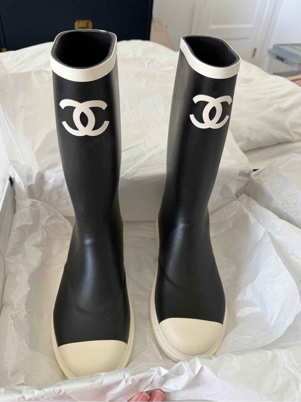 CHANEL Black and White CC Logo Tall Rain Boots BRAND NEW IN BOX